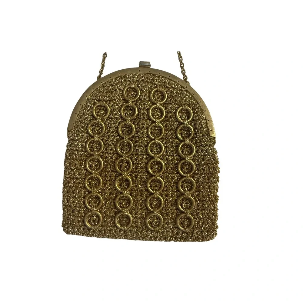 Vintage Mid Century Gold Metallic Knit Evening Bag Ring Overlay Chain Strap